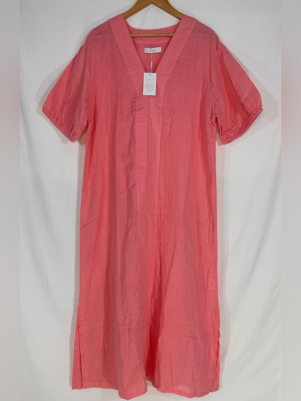 Lake Pajamas Women Coral Pink  Cotton Gauze Caftan V-Neck Midi Dress XL Coastal